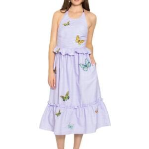 Fanm Mon Purple Butterfly Didem Midi Ruffle Dress Size Large